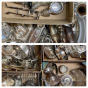 LARGE GROUP OF PLATED ITEMS including tea sets, trays, tea kettle on stand etc. (contained in