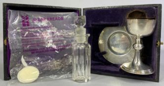 LEATHER CASED GEORGE V SILVER COMMUNION SET, CHALICE DISH & GLASS FLASK WITH STOPPER, London 1929,