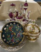 CAPO DI MONTE WARE LARGE CIRCULAR BOWL, moulded and pierced decoration, 40cms (diam.), four