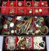 COSTUME JEWELLERY & WATCHES including white metal cuff bracelet, various brooches, silver charms and