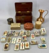 MAHOGANY TEA CADDY WITH SECRET DRAWER, mother of pearl box, various other boxes, cigarette cards,