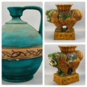 CONTEMPORARY GLAZED STONEWARE FU DOG CONSERVATORY SEAT, 58cms (h) and a contemporary ceramic ewer