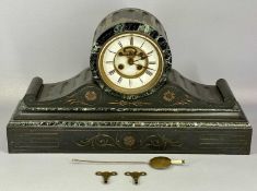 VICTORIAN BLACK SLATE & MARBLE MANTEL CLOCK with gilded line engraved decoration, barrel dial with