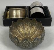 EASTERN WHITE METAL LOTUS FLOWER BOWL, repousse floral decoration, cased silver napkin rings a pair,