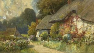 GEORGE HUGHES (British 1894 - 1909) watercolour - thatched cottage with figure leaning against