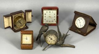 COLLECTION OF VINTAGE CLOCKS including a Looping eight day alarm clock in pig skin travel case,
