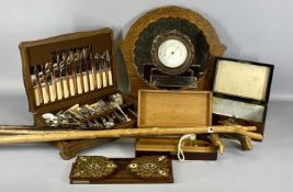 ROSEWOOD & BONE FOLDING BOOKSHELF, other treen items including cutlery box, walking sticks,