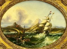 FOLLOWER OF JAMES WEBB (1825 - 1895) oil on board - ships in rough sea, signed, 28 x 38cms
