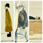 ELLIS LOWRY prints (2), 31 x 40cms and 28 x 11cms, and a TIM HOLDER ? sketch - MP Michael Foot