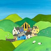 S. G. M (20th century) medium??? - colourful Welsh hillside village with sheep, initialled 'S G M