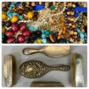 COSTUME JEWELLERY & FOUR SILVER BACKED HAIRBRUSHES Provenance: private collection Ynys Mon