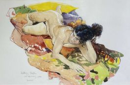 ANTHONY DALTON (20th century) watercolour - nude on colourful blanket, signed, 48 x 73cms