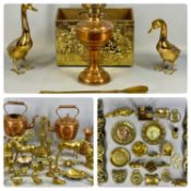 QUANTITY OF COPPER & BRASSWARE to include oil lamp, fire irons, duck ornaments, horse brasses, etc
