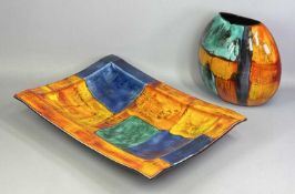 TWO ITEMS OF POOLE POTTERY comprising dish 9 (h) x 52 (w) x 39cms (d) globular vase, 27cms (h)