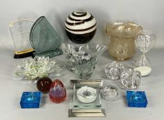 ASSORTED ART & OTHER GLASSWARE to include paperweights, candle holders, trophies, shade etc