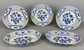 MEISSEN BLUE & WHITE ONION PATTERN PORCELAIN with pierced borders, comprising two oval dishes, 24