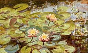 PHILLIPA JACOBS (British Contemporary) oil on board - lily pond, signed verso and dated 2018, 18 x