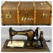 VINTAGE HAND CRANK SEWING MACHINE by Jones in wooden case, and a wooden banded steamer trunk