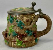 GERMAN POTTERY 'TREE TRUNK' DESIGN LIDDED STEIN, late 19th century, possibly Mettlach, 13cms (h)