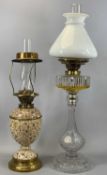 VICTORIAN BRASS & CERAMIC OIL LAMP with twin duplex burners, 33cms (h) excluding fitting, and good