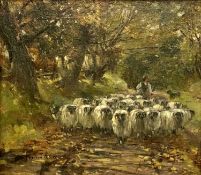 D. FULTON (Scottish 19th century) oil on canvas - shepherd herding sheep in lane, 'Off to Pastures