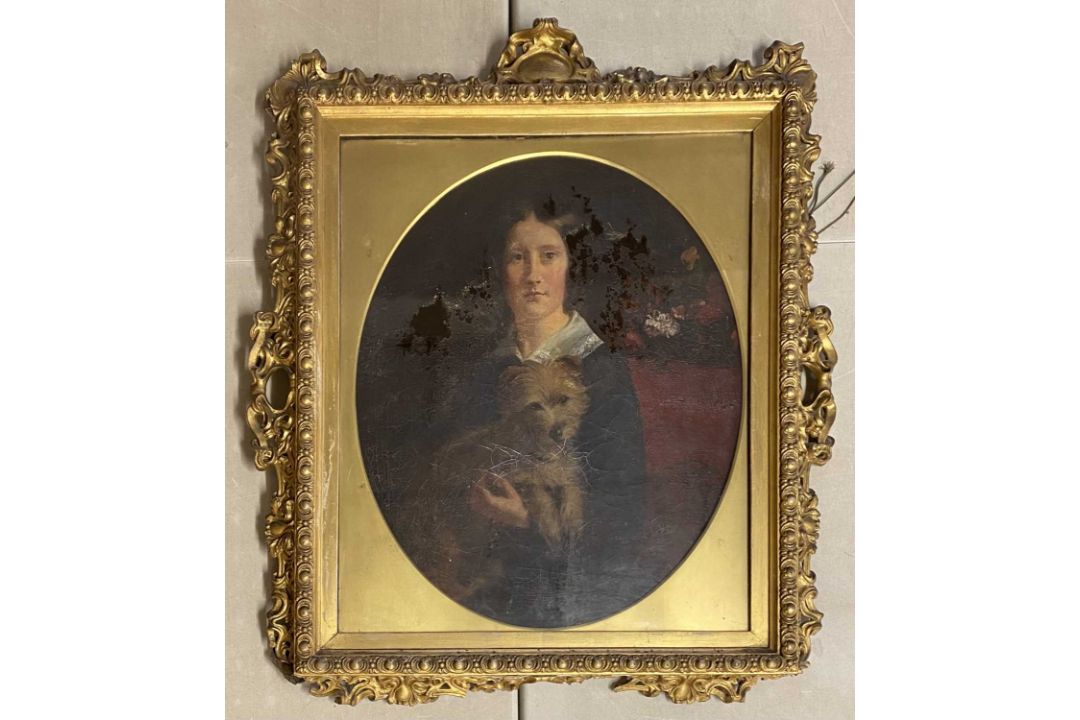 EARLY 20TH CENTURY oval oleograph - portrait of a lady with terrier, 71 x 58cms Provenance: deceased - Image 2 of 4