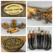 VINTAGE BLACK LEATHER RIDING BOOTS three pairs with stretchers, sizes unknown and various other