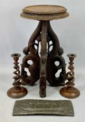EASTERN HARDWOOD CARVED FISH TRIPOD TABLE ETC, 52cms (h), a pair of open twist treen candlesticks,