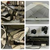 CAMERAS & PHOTOGRAPHY EQUIPMENT to include lighting, bags and tripods, flashes and lenses, Tamron,