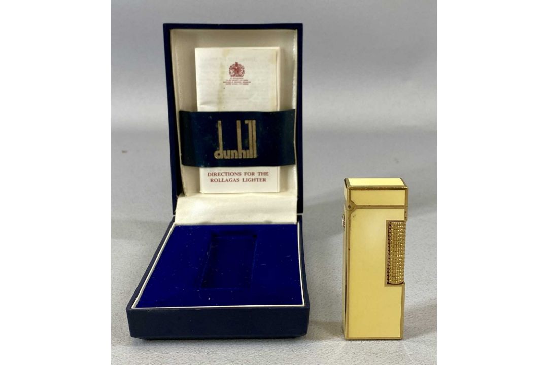 DUNHILL ROLLAGAS GOLD PLATED & YELLOW ENAMEL POCKET LIGHTER in box with instructions Provenance: - Image 1 of 8