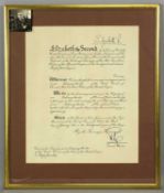 MBE CERTIFICATE OF APPOINTMENT TO HUGH JONES ESQ signed by Elizabeth II, within frame, 50 x 42cms