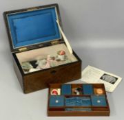 VICTORIAN ROSEWOOD SEWING BOX, hinged cover enclosing interior with fitted lift-out tray and various