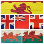 COLLECTION OF VINTAGE FLAGS including Scottish Rampant Lion, 300 x 155cms, two 'Y Draig Goch' and