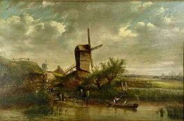 DUTCH SCHOOL oil on board - landscape with windmill, figures on boat and on bank, indistinctly