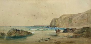 ALBERT PROCTOR (British 1864 - 1909) watercolour - figures and boats ashore by rocky coast, signed