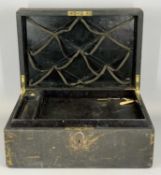 VINTAGE BLACK LEATHER WRITING BOX, W. Day & Son, the hinged cover with recessed brass handle,