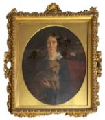 EARLY 20TH CENTURY oval oleograph - portrait of a lady with terrier, 71 x 58cms Provenance: deceased