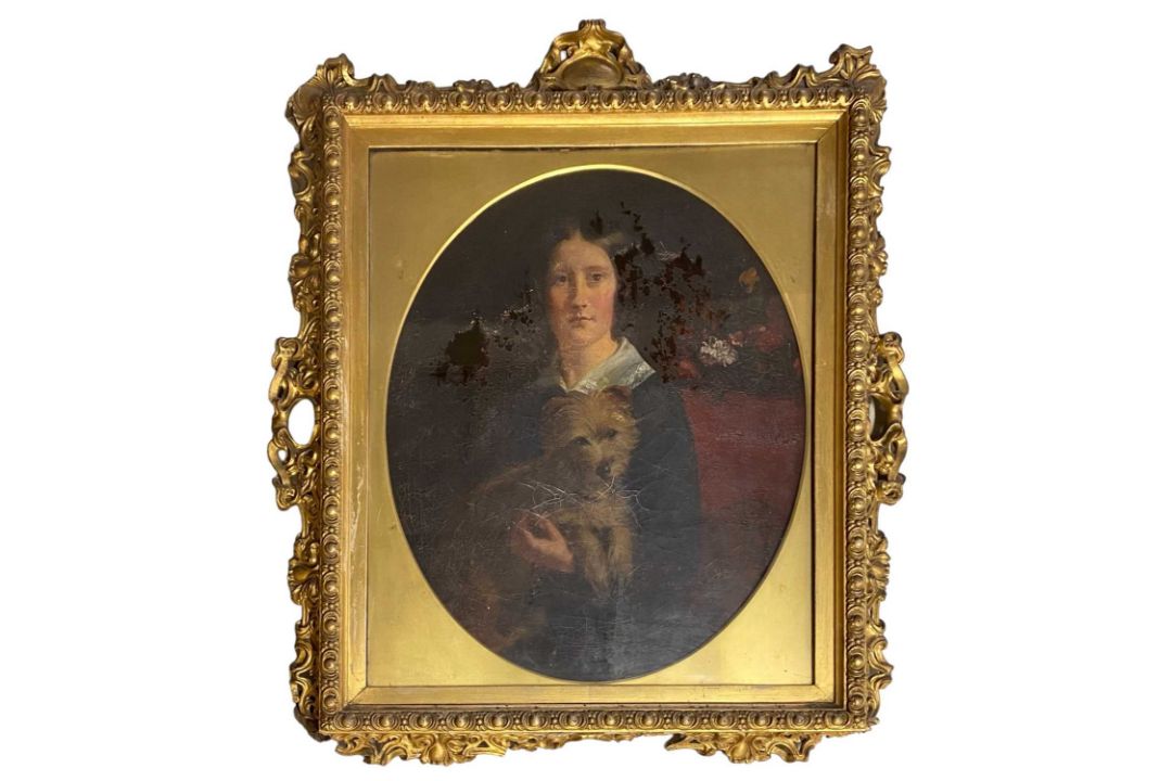 EARLY 20TH CENTURY oval oleograph - portrait of a lady with terrier, 71 x 58cms Provenance: deceased - Image 1 of 4