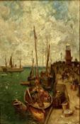 JULIUS HARE (British 1859 - 1932) oil on board - harbour scene, signed lower right, 44.5 x 29.5cms