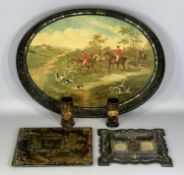 VICTORIAN LACQUERED PAPIER-MACHE including large oval tea tray painted with a fox hunting scene,