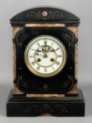 BLACK SLATE & PINK MARBLE MANTEL CLOCK, late 19th century with arched top, gilded line engraved