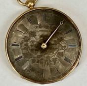 19TH CENTURY YELLOW METAL POCKETWATCH having engraved silver dial with black Roman numerals, the