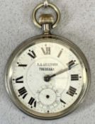 VINTAGE CHROME CASED POCKET WATCH attached to a mixed metal Albert chain with t-bar, the dial marked