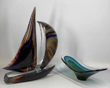 MURANO GLASS YACHT indistinctly signed, 49cms (h) approx. and a Murano boat shaped dish, 40cms (l)