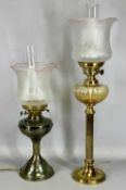 TWO ELECTRIFIED OIL LAMPS with etched glass shades Provenance: private collection Conwy