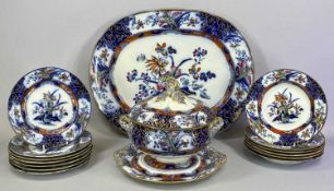 ANTIQUE WEDGWOOD 'IRIS' PATTERN DINNERWARE, the platter, 60 x 48cms, tureen, 32 x 32cms, 16 pieces