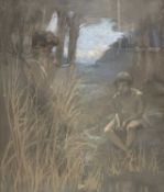 A L RAMSAY (early 20th century) pastel - two boys talking amongst reeds at riverside and jungle