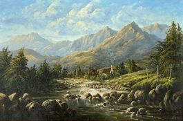 OLGA AGGIO (Australian b. 1943) oil on canvas - riverside cottage with mountain beyond, inscribed to