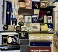 LARGE SELECTION OF COSTUME JEWELLERY including brooches, simulated pearls, rings and earrings,