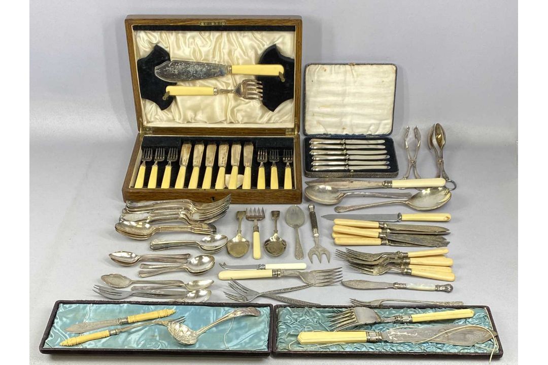 EPNS TEA SERVICE, SERVERS & OTHER CUTLERY, cased and loose, etc Provenance: private collection - Image 3 of 3